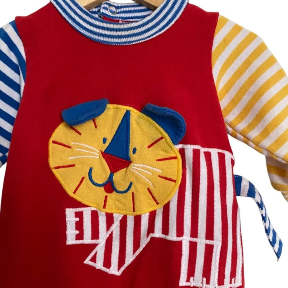 Red Lion Applique Striped Sleeve Kids One-Piece